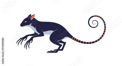 A dark rodent with bright eyes and a coiled tail stands on its hind legs.