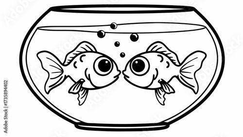 Two goldfish facing each other in a bowl with bubbles in a black and white outline drawing style image created with generated ai 