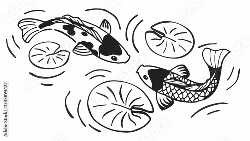 Two koi fish swimming among lily pads in a pond with ripples in a black and white illustration created with generated ai 