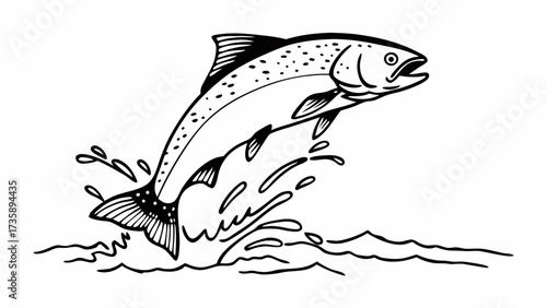 A leaping fish with spots and fins jumps out of the water creating splashes and waves in black and white created with generated ai 