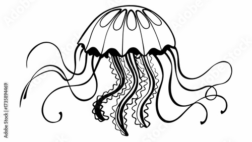 Stylized jellyfish illustration with flowing tentacles and a bell shaped body in black and white line art created with generated ai 