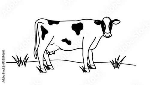 Illustration of a black and white spotted cow standing in a field with grass and a simple horizon line created with generated ai 