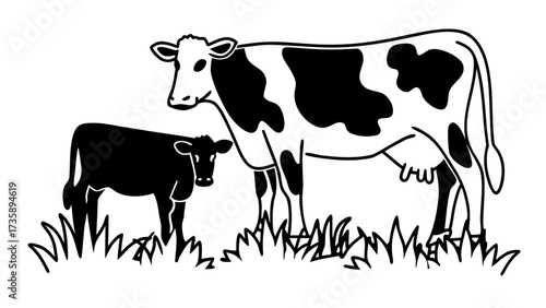 Illustration of a cow with black spots standing next to a calf in a field of grass drawing style created with generated ai 