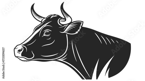 Illustration of a black cow head in profile with horns and detailed facial features in vector format created with generated ai 
