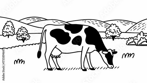 Black and white cow grazing in a field with trees and hills in the background illustration style created with generated ai 