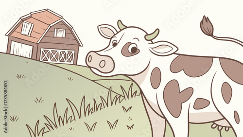 Illustration of a spotted cow standing in a field with a barn in the background on a sunny day created with generated ai 