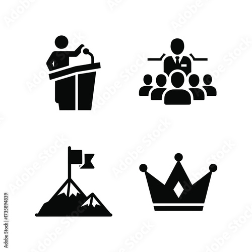 Four black silhouette icons representing leadership, success, public speaking, and achievement, including a speaker at a podium, a team leader, a flag on a mountain, and a crown.