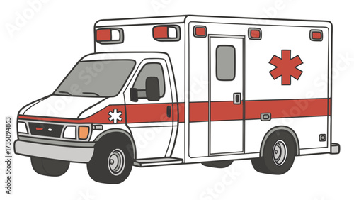 Illustration of a white ambulance with a red stripe and a red star of life symbol on the side created with generated ai 