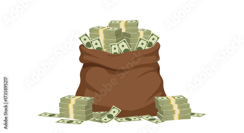 A bag overflowing with cash and banknotes is scattered around.