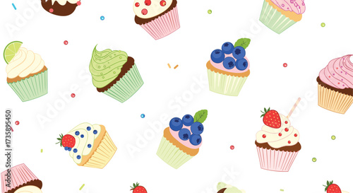 A delightful collection of colorful cupcakes with sprinkles scattered around.