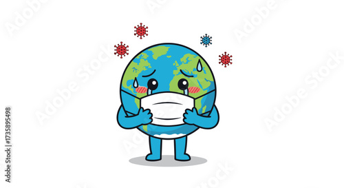 The sad planet earth wearing a face mask and feeling sick.