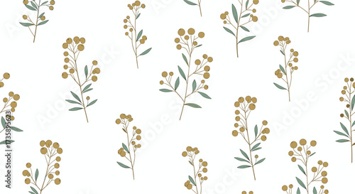 A delicate pattern of small gold flowers and green leaves on a white background.