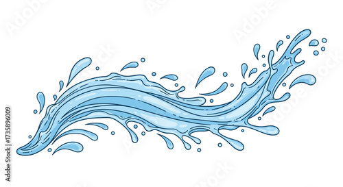 A dynamic blue water splash flowing across a white background.