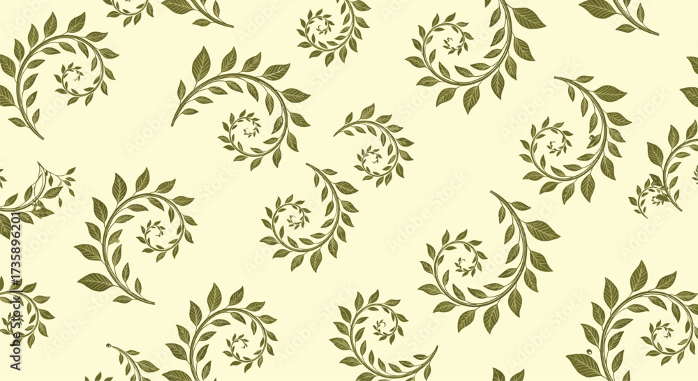 Fototapeta premium Elegant swirling vine leaf pattern on a light yellow background.