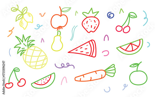 Colorful fruit and vegetable doodles on white background