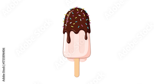 A sweet frozen treat on a stick covered in chocolate and sprinkles.