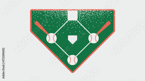 A baseball diamond illustration with bats and balls on a green background with white confetti