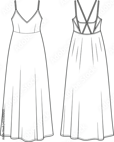 CAD drawing flat vector maxi dress, fashion flat sketch, long strappy gown with V-neck and cross back, apparel template design