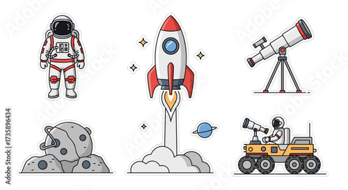 Astronauts rockets and telescopes exploring the vast universe.