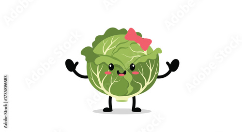 A cute and happy cartoon cabbage wearing a pink bow with its arms raised.