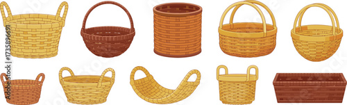 Cartoon woven basket collection, vector illustration of traditional containers for home decor, craft design, rustic storage, and cultural lifestyle themes