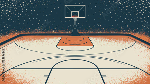 A stylized basketball court illustration with hoop and confetti background in a simple design style
