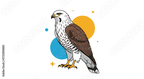 A majestic hawk perched against a backdrop of colorful circles and stars.