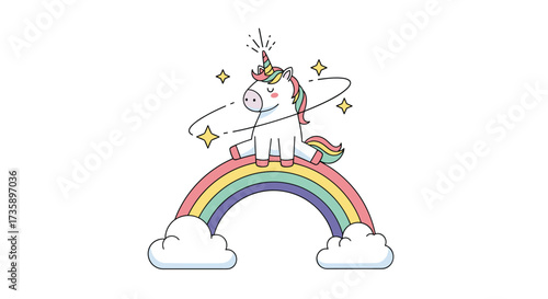 A magical unicorn rides on a colorful rainbow with clouds.