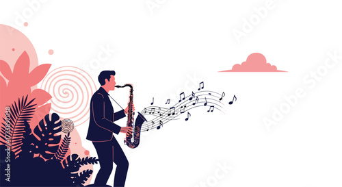A musician plays the saxophone amongst tropical plants and swirling musical notes.