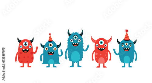 A group of five colorful and quirky monsters celebrating a special occasion.