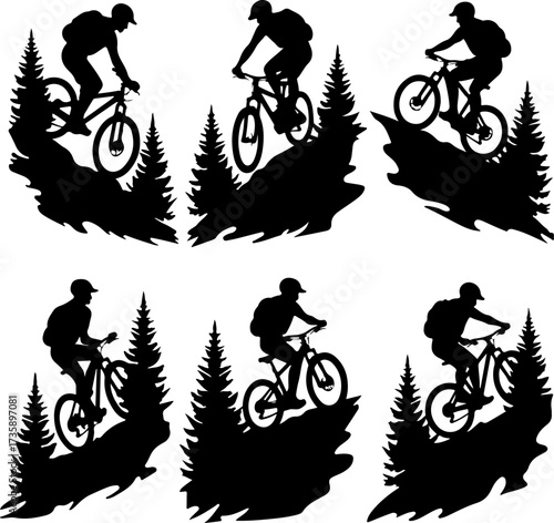 Mountain Biker Silhouette Riding Through Forest Trails Illustration