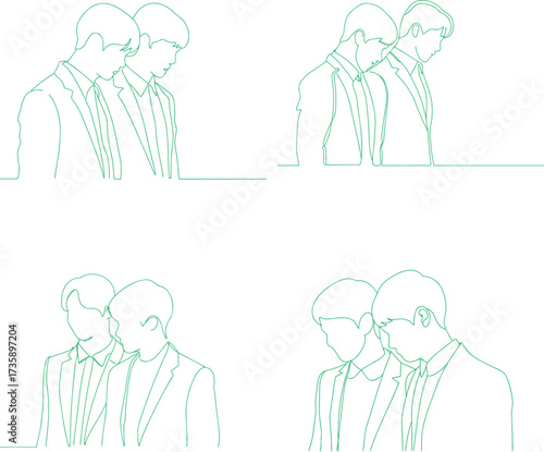 Two men in suits looking down in a sketch style illustration and Continuous line drawing