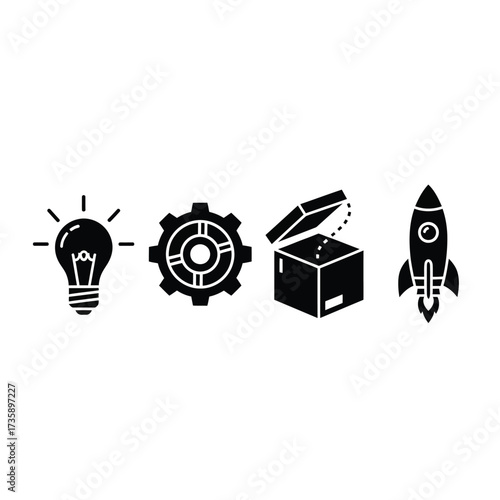 Four black silhouette icons representing innovation, process, product delivery, and startup launch on a white background.