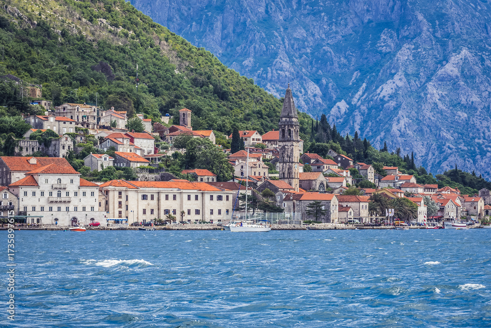 Fototapeta premium Distance view of Perast village on the shore of Kotor Bay, Montenegro