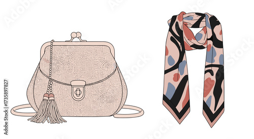A blush pink woven backpack with a tassel hangs next to a printed scarf.