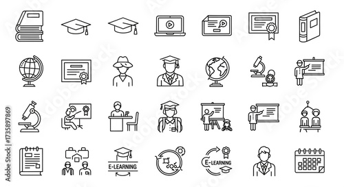 Collection of education and learning icons, isolated on white background