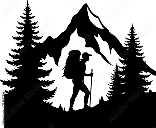 Mountain Hiker  Silhouette Vector Black