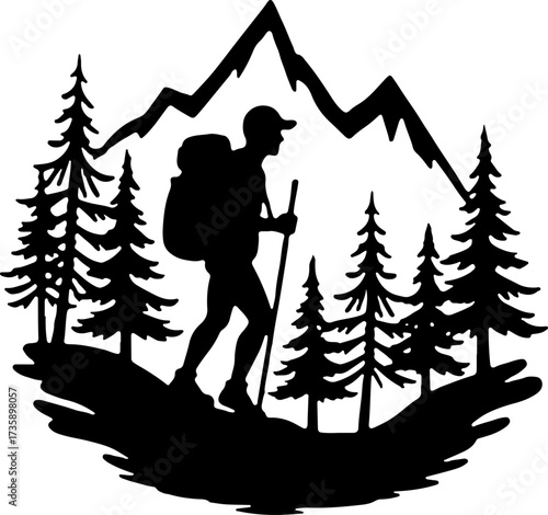 Mountain Hiker  Silhouette Vector Black