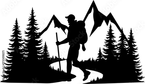Mountain Hiker  Silhouette Vector Black