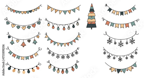 Festive holiday bunting and string lights decorations collection.