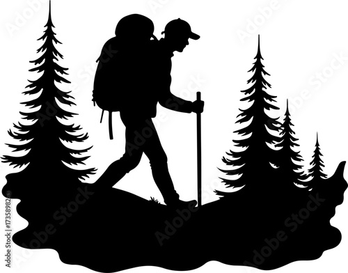 Mountain Hiker  Silhouette Vector Black