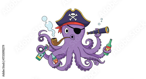 A whimsical octopus dressed as a pirate smoking a pipe and holding a spyglass and bottles.