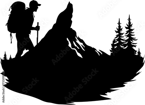 Mountain Hiker  Silhouette Vector Black