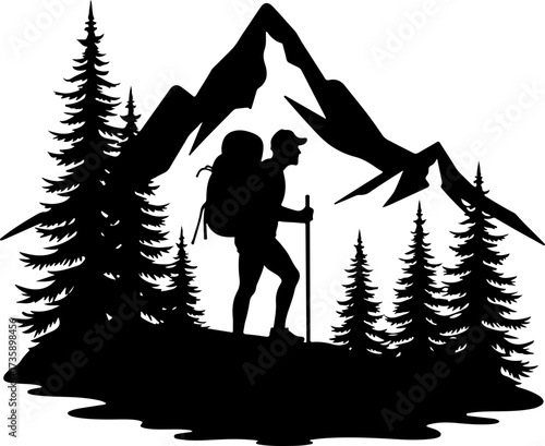 Mountain Hiker  Silhouette Vector Black