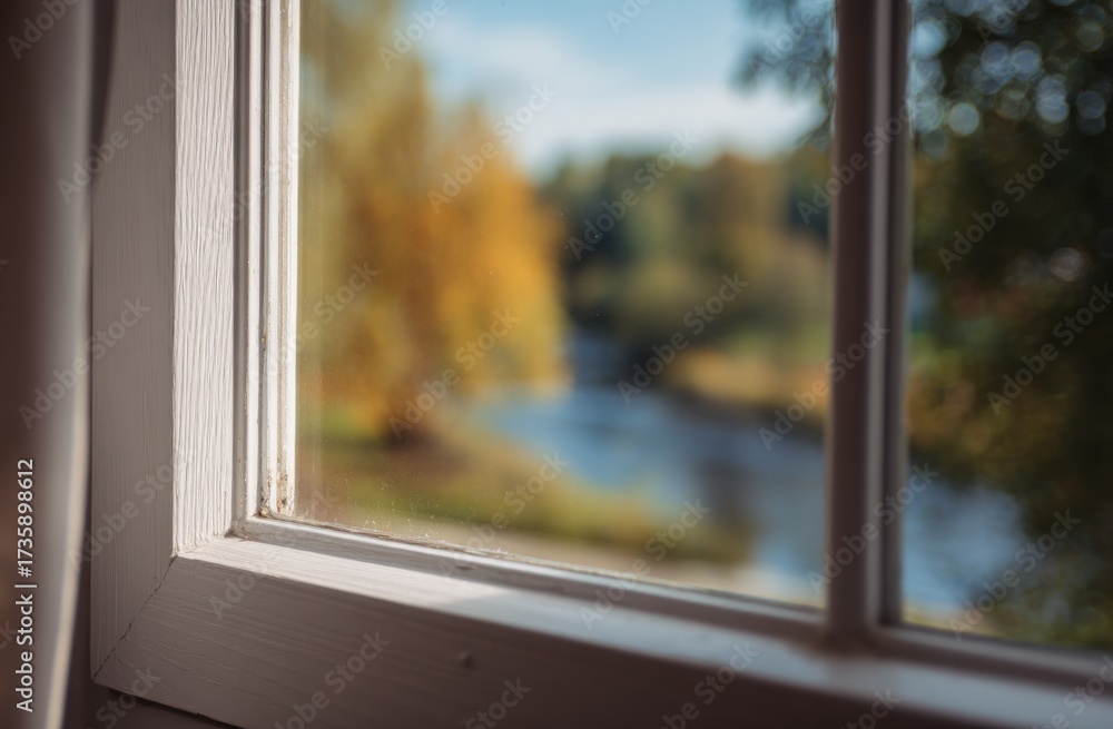Fototapeta premium Window view of a serene autumn landscape with a river and colorful trees.