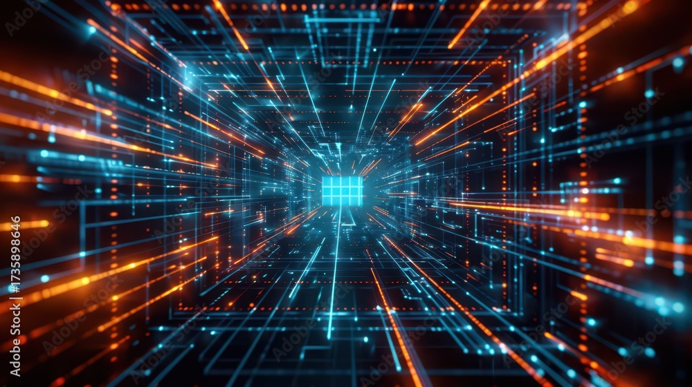 Obraz premium Futuristic cyber grid with glowing lines and digital perspective