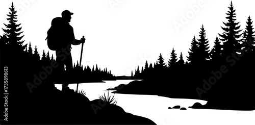 Mountain Hiker  Silhouette Vector Black