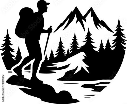Mountain Hiker  Silhouette Vector Black