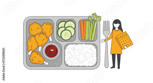 A student receiving a school lunch tray with chicken nuggets and vegetables.