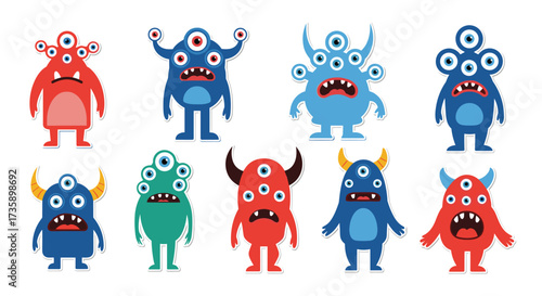 A diverse collection of colorful cartoon monsters each with multiple eyes and unique expressions.